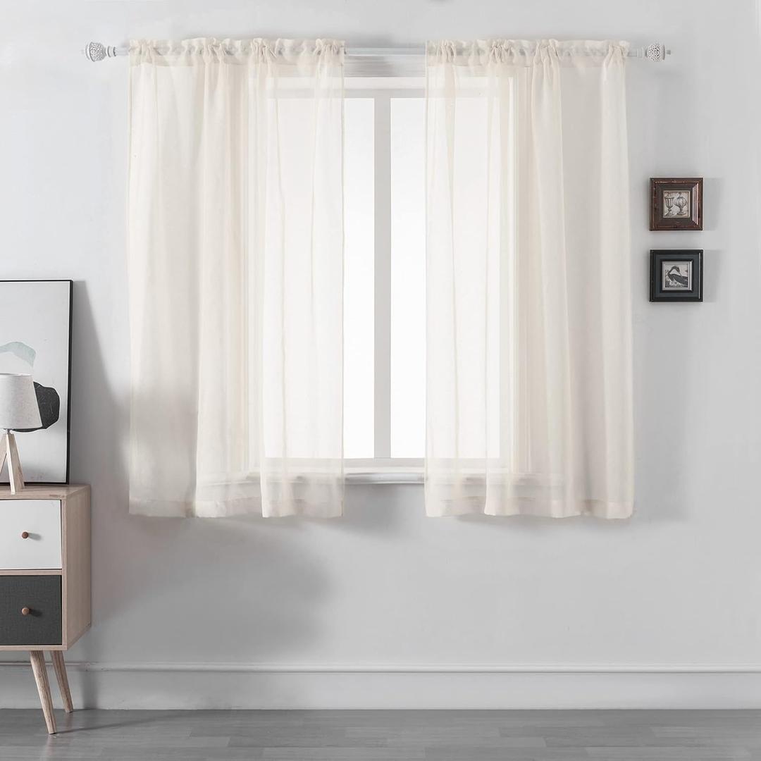 DUALIFE Ivory Sheer Curtains 45 Inch Length,Faux Linen Light Beige Semi Sheer Curtains for Living Room Bedroom Nursery Bathroom Privacy Voile Window Treatment Panels,52 x 45 Inches,Set of 2