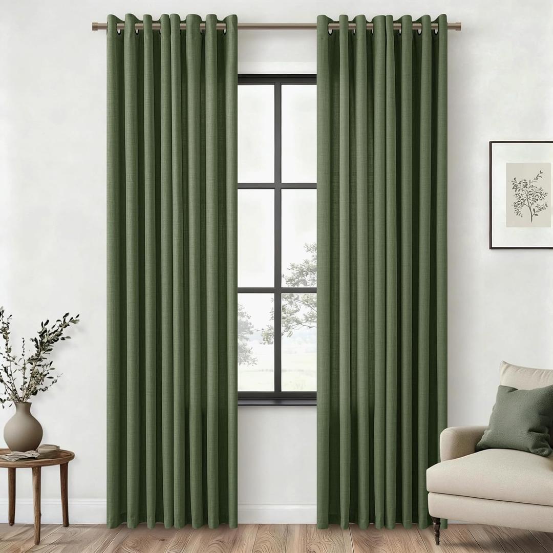 Dark Olive Green Curtains 84 Inch Length 2 Panels Set Linen Flax Semi Sheer Light Filtering Privacy Bronze Grommet Elegant Boho Drapes Living Room Bedroom Curtains 84 Inches Long Moss Green