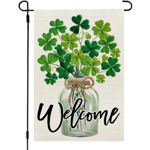 2 x CROWNED BEAUTY St Patricks Day Garden Flag Shamrocks Clover Mason Jar 12x18 Inch Double Sided Green Holiday Decoration for Outdoor Lawn Yard CF1939-12