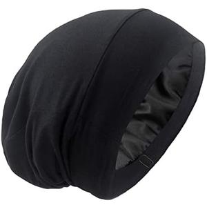 Silky Satin Lined Bonnet Sleep Cap - Adjustable Stay on All Night Hair Wrap Cover Slouchy Beanie for Curly Protection Women and Men Solid Black, One Size