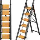 GameGem 6 Step Ladder, Aluminum Folding Step Stool with Anti-Slip Sturdy and Wide Pedal, Portable Lightweight Step Ladder with Handgrip for Indoor Outdoor Use, 330 lbs Capacity, Black Woodgrain