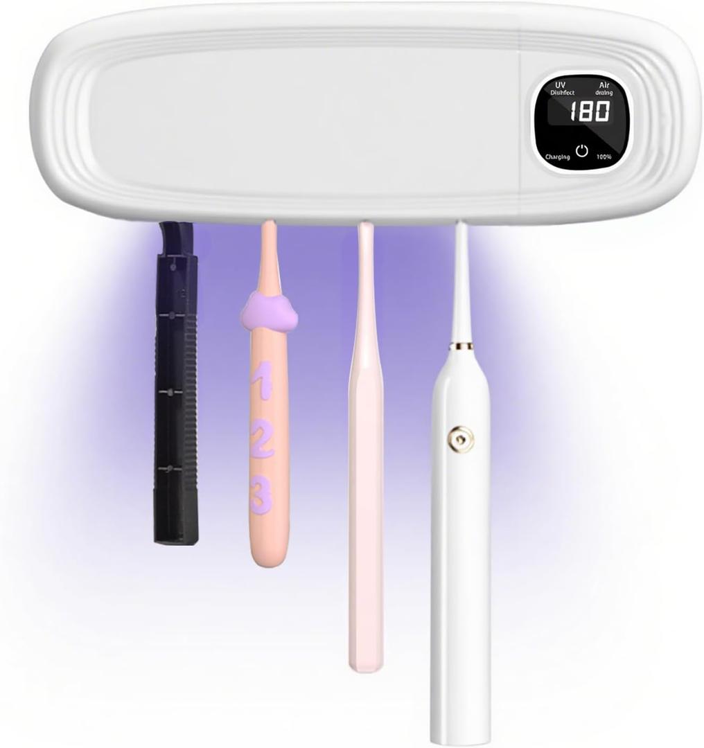 Wall Mounted Toothbrush Holders for Bathrooms, 4 Slots UV Toothbrush Sanitizer and Holder with Air Drying 3000mAh Rechargeable Cordless UV Toothbrush Cleaner with Timer Function & No Drilling (White)