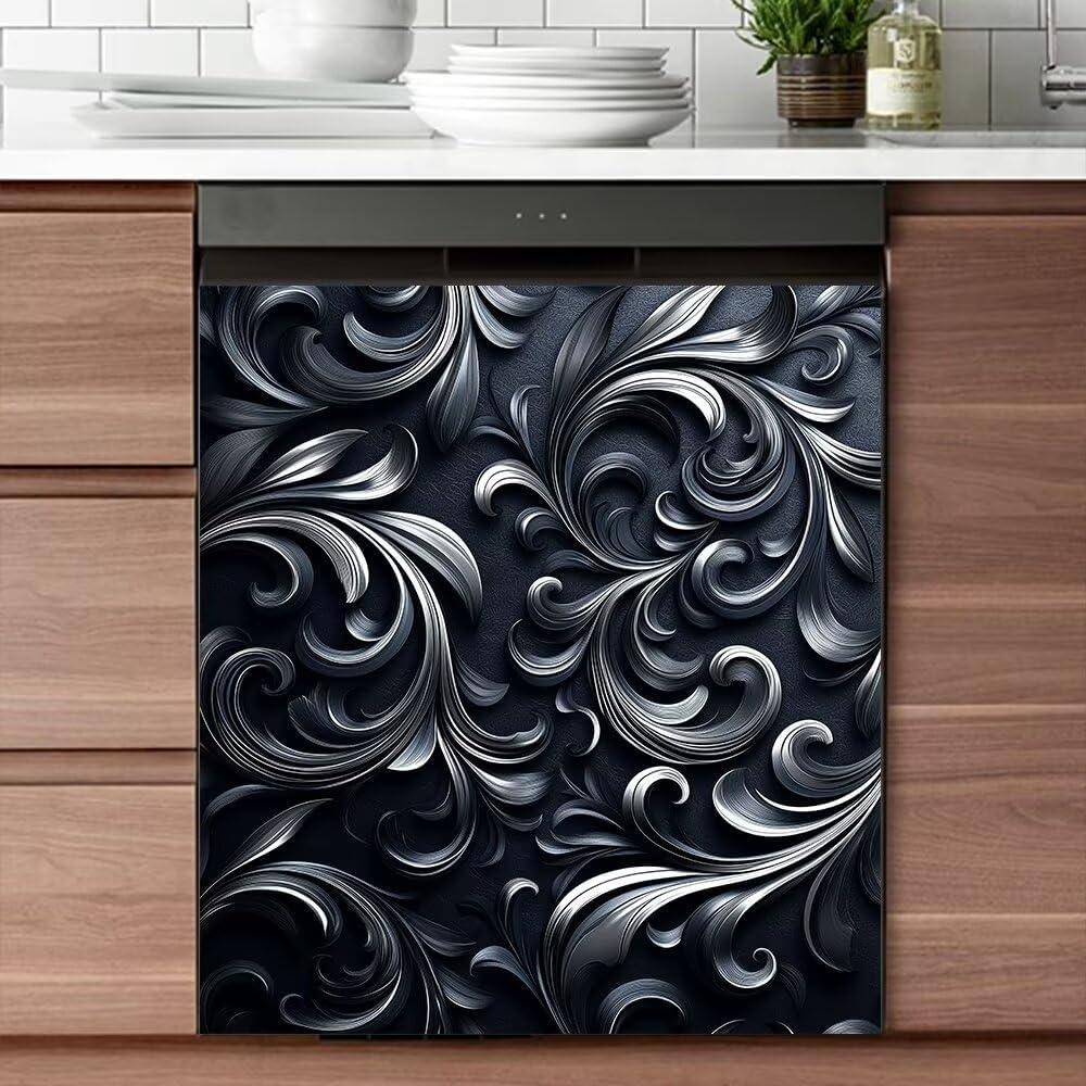 Engraved Dark Flower Pattern Dishwasher Magnet Decals Fridge Panel Cabinets Vinyl Reusable Sticker Magnetic Dishwasher Door Covers Kitchen Home Decorative,23W x 26H inchs