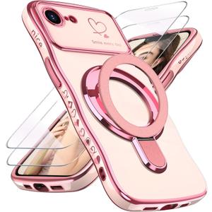 for iPhone 17e/16e Case with Screen Protector: Luxury Plated Gold Cute Wavy Edge Love Heart Pattern Kickstand Case, Slim Soft TPU Shockproof Protection Cover for iPhone 16e/17e (Pink)
