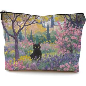 Flower Garden Black Cat Makeup Bag, Black Cat Gifts Cosmetic Bags for Women, Cats Lover Lady Mom Grandma Gifts, Wildflower Botanical Kitty Kitten Zipper Makeup Pouch