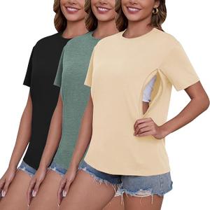 Ecavus Women's 3-Pack Nursing Shirts for Breastfeeding with Hidden Zippers Loose Fit Maternity Tops M