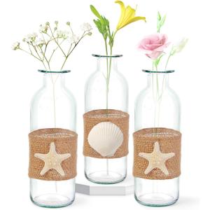 Shell Vase Set of 3 Coastal Vase,Small Starfish Seashell Flower Glass Vases Handcrafted for Beachy Decor,Beach Wedding/Party Beach Home Decor (Clear)