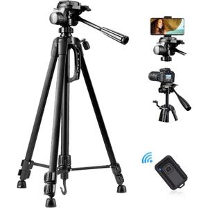 55" Camera Tripod, Lightweight Aluminum Travel DSLR Camera Stand with 6.6lb Load Capacity, Bluetooth Remote Shutter, Carry Bag & Weight Hook for Higher Stability (Black)