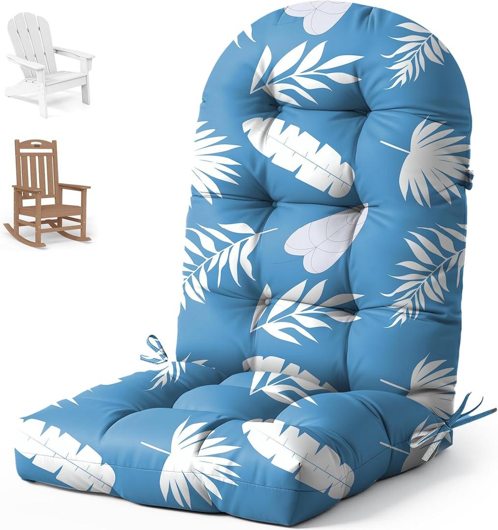 Uthem Adirondack Chair Cushion Waterproof Indoor Outdoor Rocking Chair Cushion 44 Inches Patio High Back Chair Cushions Thickened Adirondack Rocking Chair Cushions with Ties, Blue Leaf