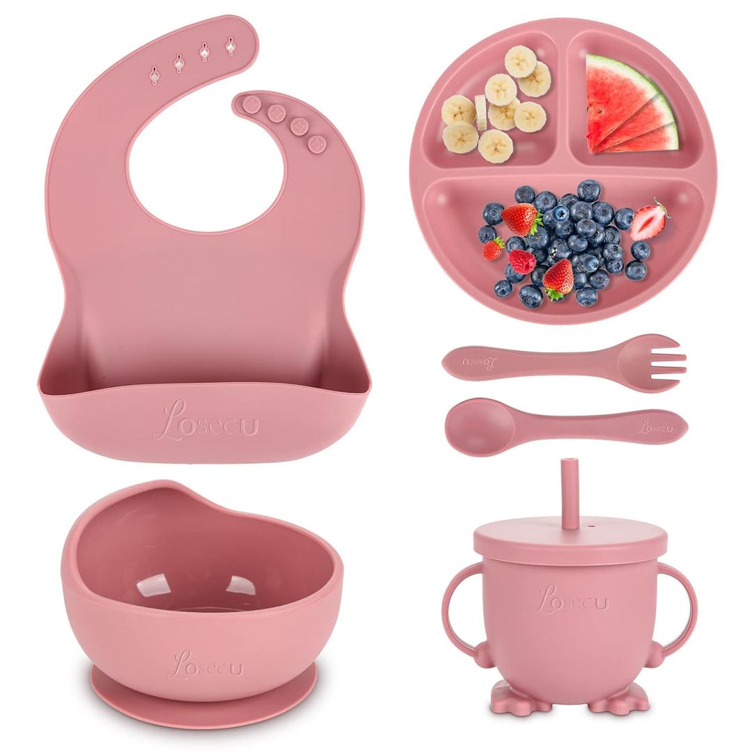 Silicone Feeding Set|Baby Led Weaning Supplies|Suction Plate Bowl Set with Bib, Spoon, Fork, Sippy Cup|Feeding Eating Supplies BPA Free (Dark Pink)