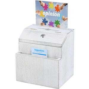 KYODOLED Wood Suggestion Box with Lock, Rustic White Ballot Box Donation Box, Key Drop Box with Acrylic Sign Holder and 30 Free Suggestion Cards, Wall Mounted or Freestanding, 9H x 6.9W x 8.5L Inch
