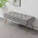 Velvet Button-Tufted Entryway Bench, 39.37" Modern Upholstered Bedroom Bench with Gold Metal Legs, Padded Rectangular End of Bed Bench for Living Room, Dining Room (Grey), 39.3" W x 16" L x 16.8" H