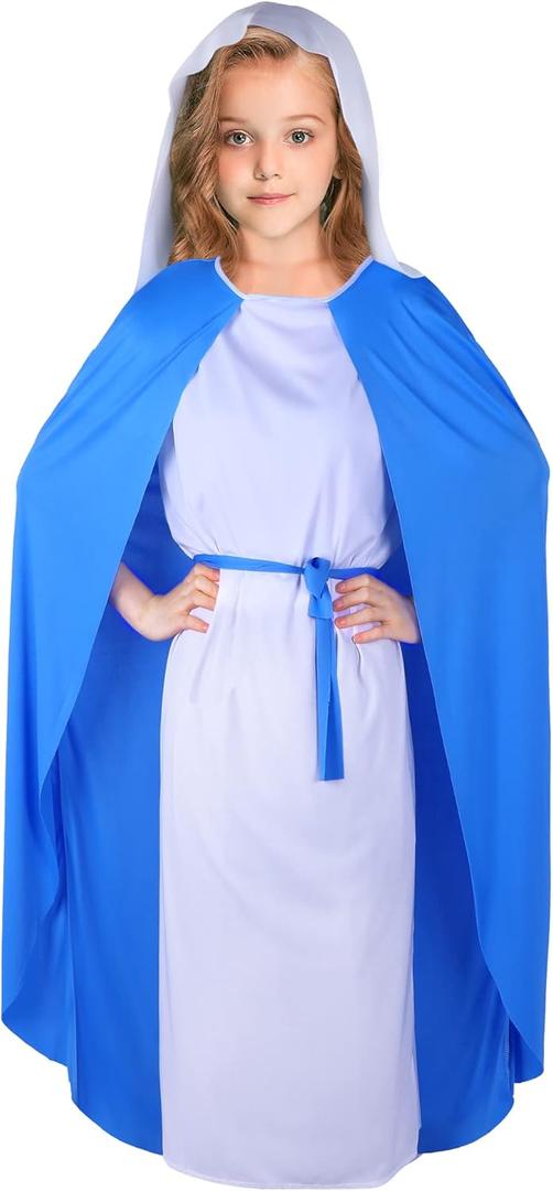 Kids Biblical Costumes Girls Virgin Nativity Costume Blue Christian Saint Mary Costume for Halloween Cosplay (Medium)
