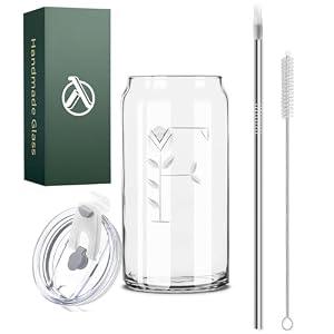 Initia Crystal Glass Cup, Monogrammed Gifts for Women, 18 Oz Glass Tumbler With Lid Straw, Handcrafted Iced Coffee Cup Personalized Letter 'F' Initial Engravings, Can Glass Cup Gifts for Her Mom