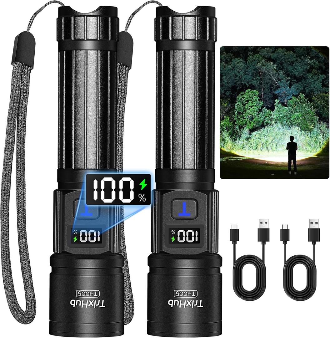Rechargeable Flashlights 2 Pack, Super Bright High Lumens Flash Light, 5 Modes Zoomable Linternas with LCD Digital Display, Powerful Handheld LED Flashlights for Home Emergencies Camping (Black)