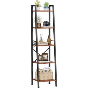 Furologee 5 Tier Ladder Shelf Bookcase, Tall Narrow Bookshelf with 2 Hooks, Rustic Brown Bathroom Corner Book Shelf, Metal Wood Book Case Standing Unit, Display Shelf for Living Room Office Kitchen