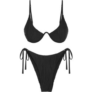 ZAFUL Women's Textured Underwire Bikini Set V Notch High Cut Swimwear Tie Side Ribbed Sexy Swimsuits (Black, XL)