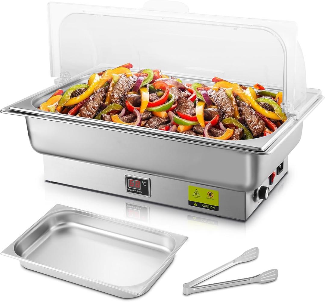 Electric Chafing Dish, 9QT Full Size Electric Chafing Dish Buffet Set with Rotary Knob Adjustable Temp, 700W Electric Buffet Servers and Warmers with Roll Top for Catering