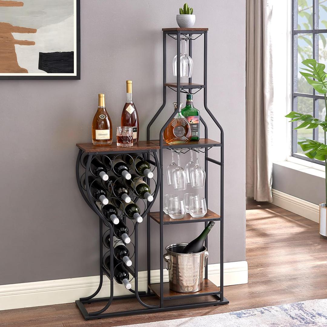 5 Tier Freestanding Rack with Hanging Glass Holder and Organizer, Storage Home Bar. 11 Bottle Grill for Kitchen, Dining Room., Antique Brown. (Metal & Wood, Antique Brown)