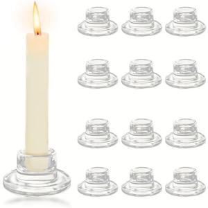 12Pcs Glass Tapered Candlestick Holders Bulk - Small Clear Short Candle Holders, Modern Design for Table Centerpiece, Wedding, Christmas, Advent, Dining & Party Home Decor