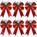 6 Pack Red Velvet Christmas Bows with Pine Cones & Pine Needles Large Holiday Ribbon Bows for Christmas Tree Wreath Gifts Indoor/ Outdoor Party & DIY Decorations