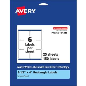 Avery Matte White Rectangle Labels, Sure Feed Technology, 3-1/3" x 4", 150 Matte White Printable Labels