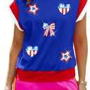 Women American Flag Cap Sleeve Shirt Sequin USA Star T-Shirt Sparkly 4th of July T-Shirt Patriotic Tee Tops (X-Large, Blue)