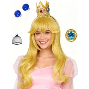 Blonde Curly Princess Costume Wig Set Long Blonde Wave Princess Cosplay Wigs with Bangs 25.6'' Light Golden Synthetic Hair for Women Halloween Party