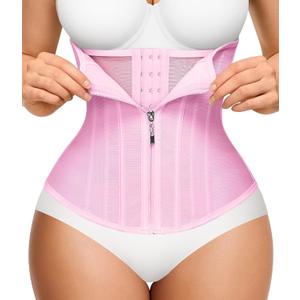 Nebility Waist Trainer for Women Zipper Corset Shapewear Tummy Control Mesh Waist Cincher Faja Body Shaper (Small, Pink)