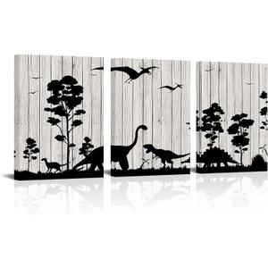 HOMEOART Dinosaur Wall Pictures Rustic Wood Texture Art Print on Canvas, Framed Artwork Kids Children Bedroom Nursery Wall Decor 12"x16"x3 Panels