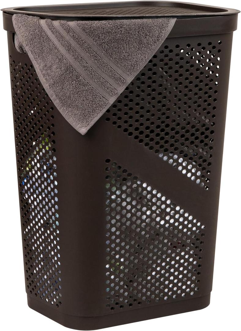 Mind Reader 60L Slim Laundry Hamper, Clothes Basket, Lid, Ventilated, Plastic, 17.25"L x 13.75"W x 23.5"H, Brown