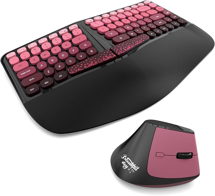 Ergonomic Wireless Keyboard and Mouse Set Wireless Keyboard Silent Mice Set with Wrist Rest for Computer, Laptop, PC, Mac, Windows Black Pink