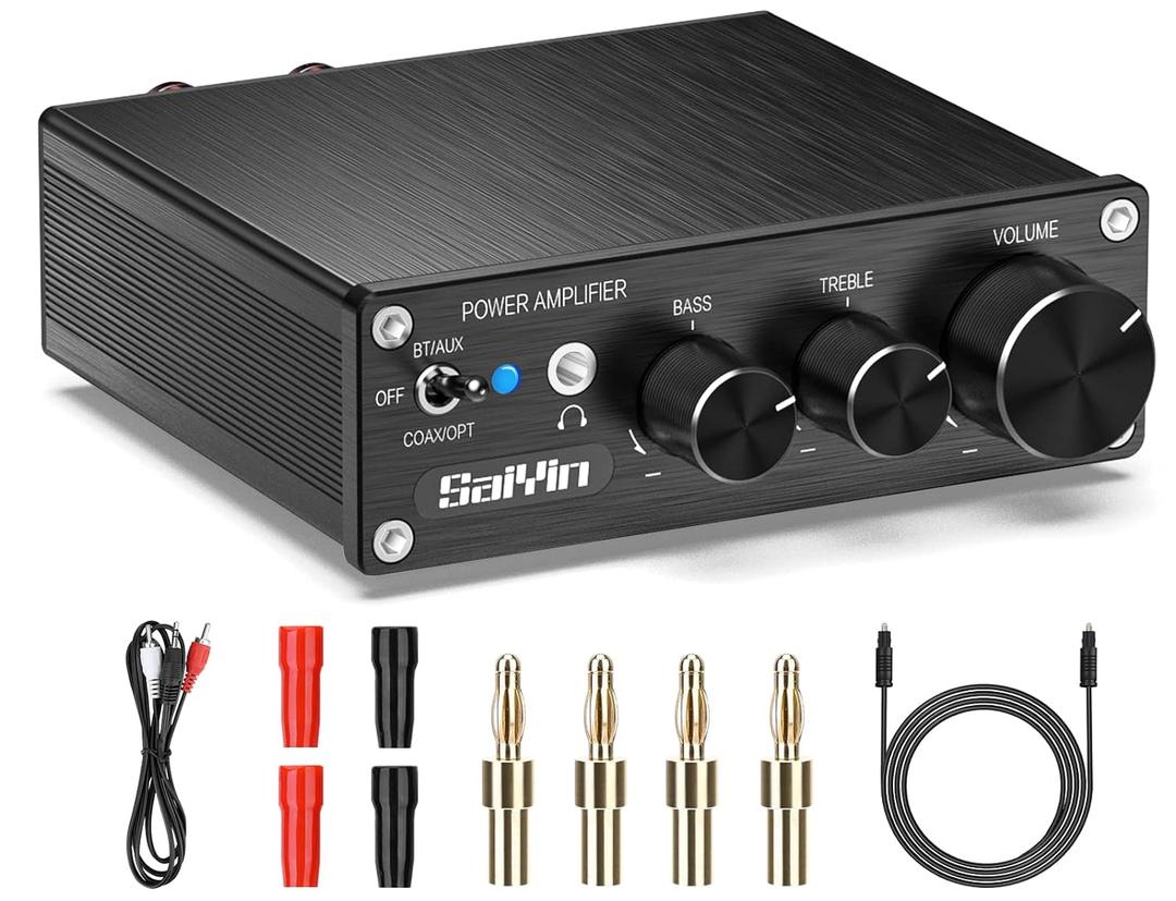 Saiyin Mini amplificador Bluetooth audio para el hogar para altavoces, 2  80 W 2.1 canales digital clase D amplificador integrado con 24 bits 192 kHz DAC y conector de salida de auriculares coaxial