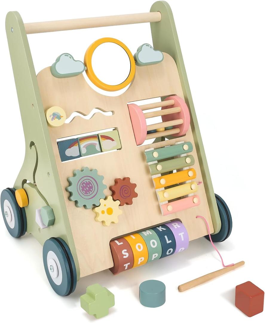 Montessori Wooden Toddler Walker Toy, Push and Pull Learning Activity - Baby Walker with Wheels for Boys & Girls 1 Year Old
