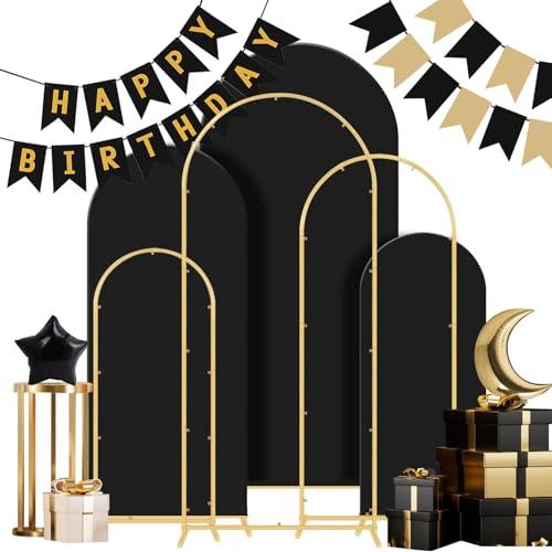 Gawicpy Wedding Arch Backdrop Stand Set Metal Arch Backdrop Stand with Wedding Arch Cover, Wedding Balloon Arch Backdrop Stand for Birthday, Baby Shower, Anniversary (Black, 4FT+5FT+6FT)