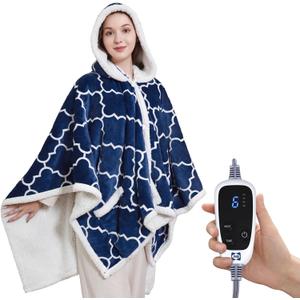 Sealy Wearable Heated Throw Blanket, Flannel & Sherpa Electric Throw Shawl Poncho with Hoodie & Pocket, 6 Heating Levels & 2-10 Hours Auto Shut Off, Machine Washable, 50x60 Inch, Navy