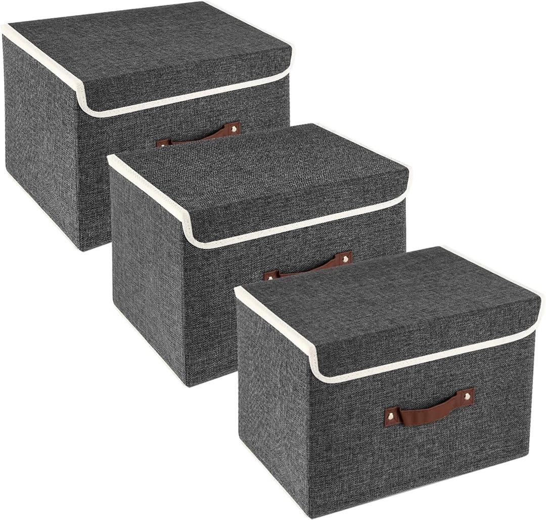 TYEERS Collapsible Storage Boxes, Washable Fabric Storage Bins with Lids, 14.9x9.8x9.8 inches, 3 Pack, Black