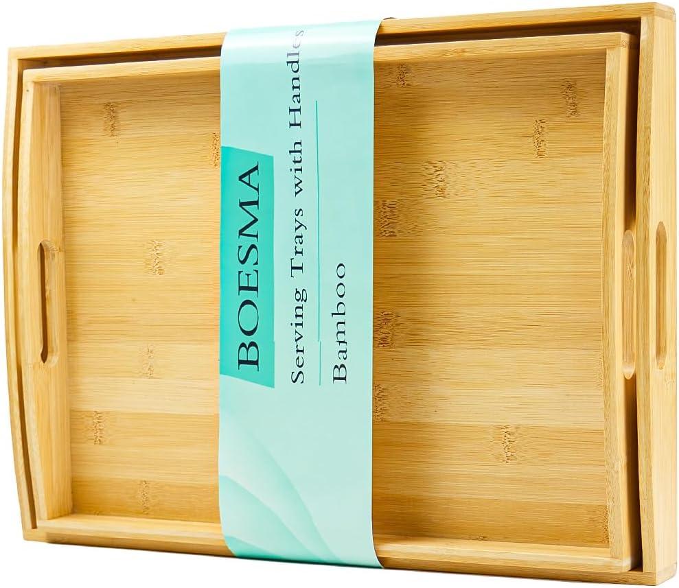 Set of 2 Bamboo Serving Trays with Handles, Wooden Breakfast Trays