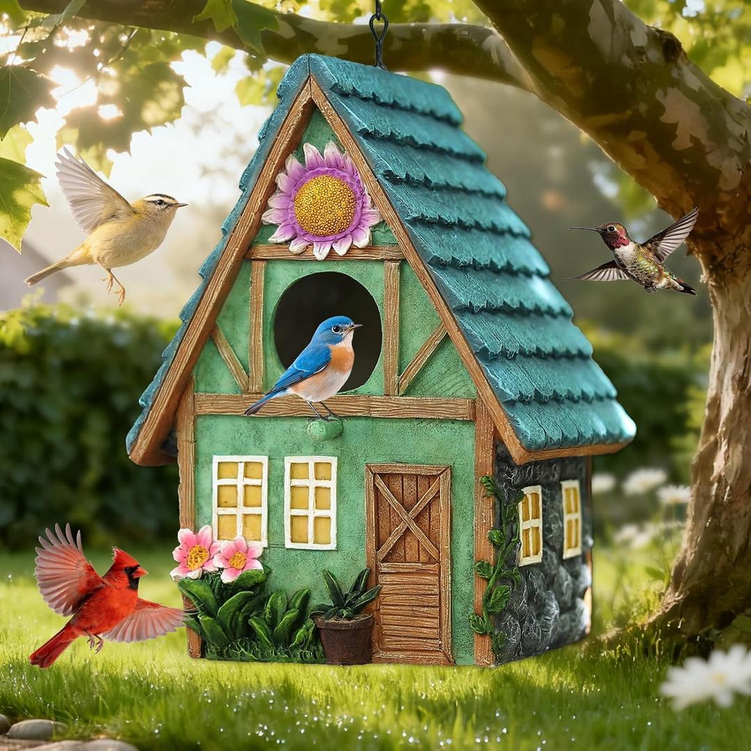 Bird Houses for Outside Cottage-Style Hanging Birdhouse with Flower Accents Hand-Painted Resin Decorative Birdhouses for Outdoors for Bluebird Finches Cardinals Bird Nesting Garden, Patio, Yard