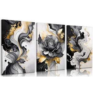 3pcs Black And Gold Abstract Canvas Wall Art Modern Black Grey And Gold Marble Wall Decor Pictures Minimalist Foil Fluid Texture Posters Prints for Living Room Bedroom Office Home Decoration