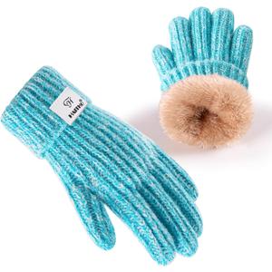 HAITHO Kids Gloves Winter for Girls Boys Cold Weather, Toddler Cute Knit Gloves with Warm Fleece Lined, Thick Thermal Double Liner Cozy Cuff Outdoor(Mix Blue)