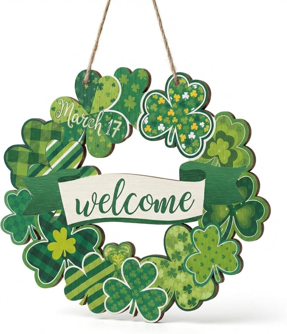 2 x St Patricks Day Door Decorations, Shamrock Wooden Sign for Saint Patrick's Day Decor, Shamrock Hanging Decoration for Front Door and Wall (Light yellow)