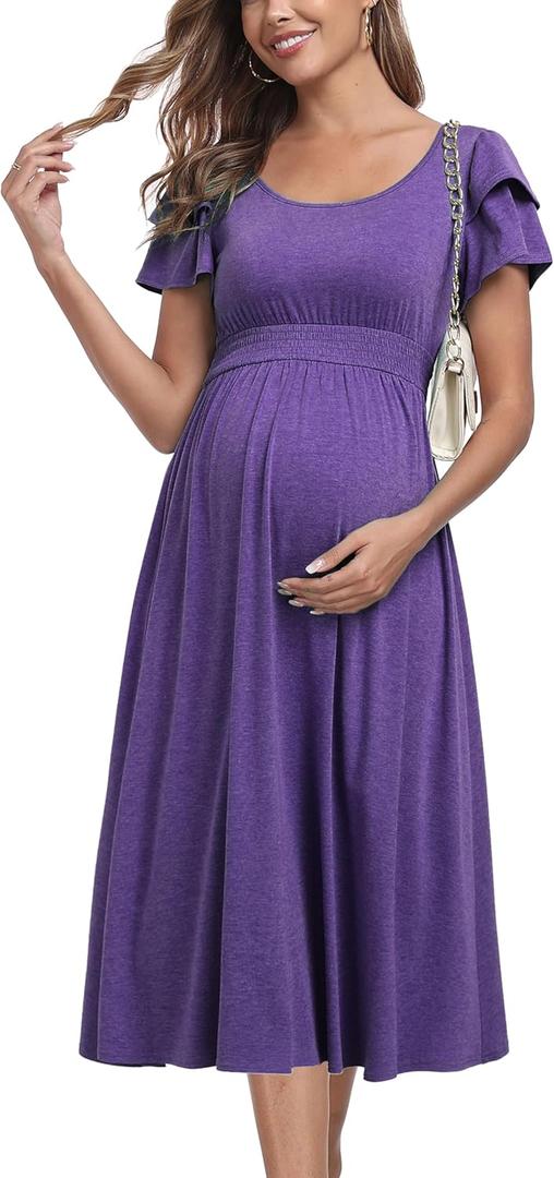 Ruffle Short Sleeve Maternity Dress High Waisted Midi Spring Baby Shower Dresses (Purple, XXL)