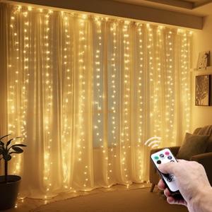 300 LED Curtain String Lights, Twinkle Fairy Lights for Bedroom with 8 Lighting Modes, USB Christmas Lights for Party Home Bedroom Indoor Wall Room Decor (Warm White)
