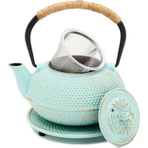 Juvale Cast Iron Tea Kettle with Infuser - Green, 18 oz/500 ml, 3-Piece Set - Teapot for Brewing Loose Leaf Tea - Stovetop Safe Tetsubin Set with Trivet