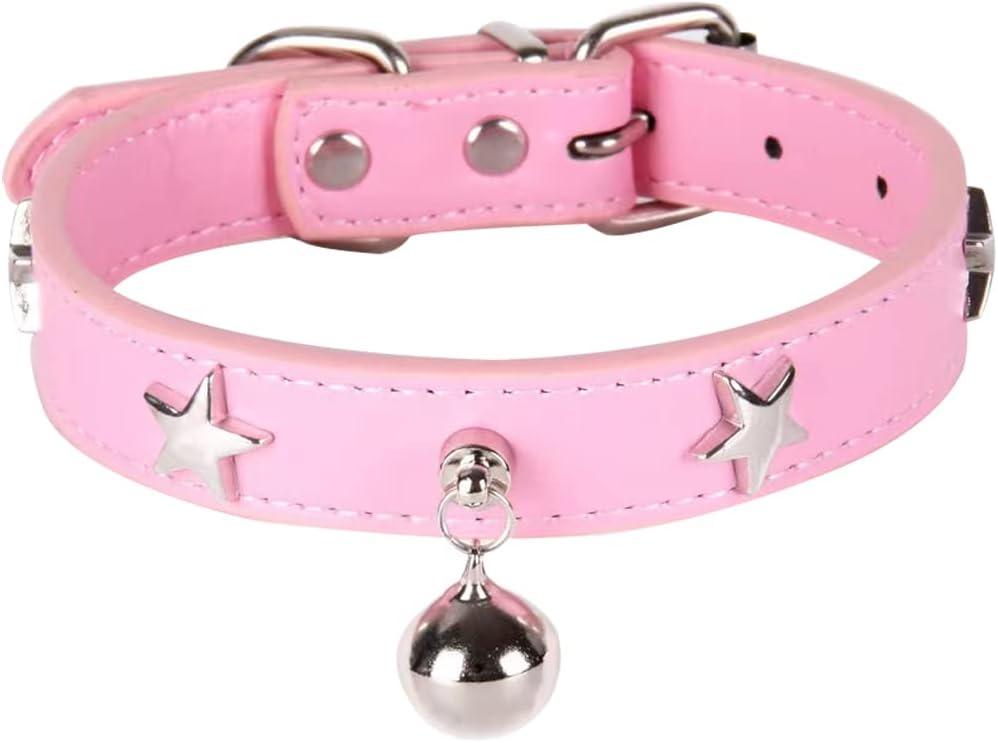 2 x Leather Dog Collar with Bell and Star Studs, Dog Collars for Female, Male Dogs (M: 11 - 14 in, Pink)