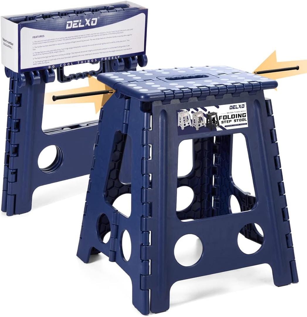 Delxo 16 Inch Folding Step Stool,Foldable Stool for Adults,Portable Collapsible Plastic Stepstool,Non Slip Folding Stools for Kitchen Bathroom Bedroom Up to 400LBS,(Royal Blue 1PC)