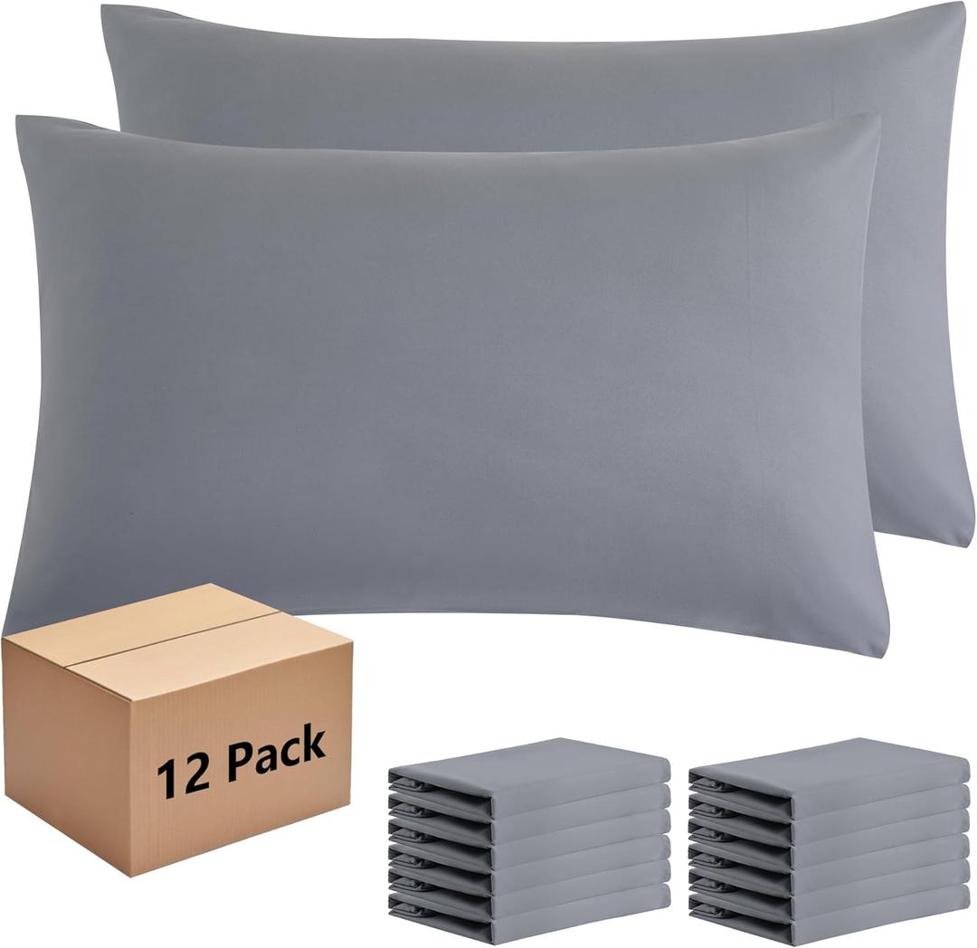 Pillowcases King 12 Pack, 20x36 Pillow Cases with Envelope Closure, Soft Plain Brushed Microfiber Covers Breathable Wrinkle-Resistant, Gray