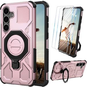 for Samsung Galaxy S25 Plus Case with Tempered Glass Screen Protector, Heavy Duty Military Grade Shockproof Protective Cover 360 Ring Magnetic Kickstand Cell Phone Case for Samsung S25 Plus (Pink)