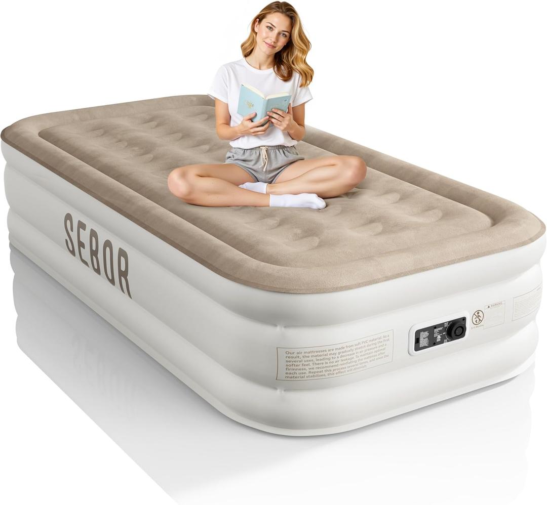 Air Mattress Twin with Built-in Pump 18", Comfortable Self-Inflating Air Mattress with High-Speed Pump, Durable Blow Up Mattress Twin with Storage Bag for Guests, Camping, Travel (Khaki)